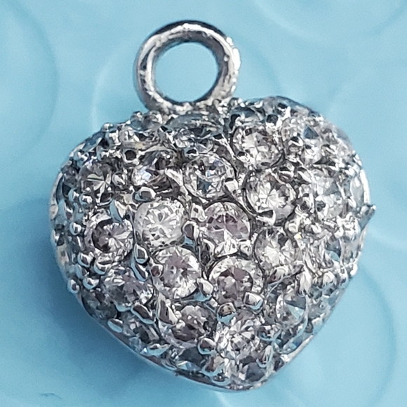 Heart Pendant Silvertone Crystal Rhinestones Paved - Picture 2 of 7
